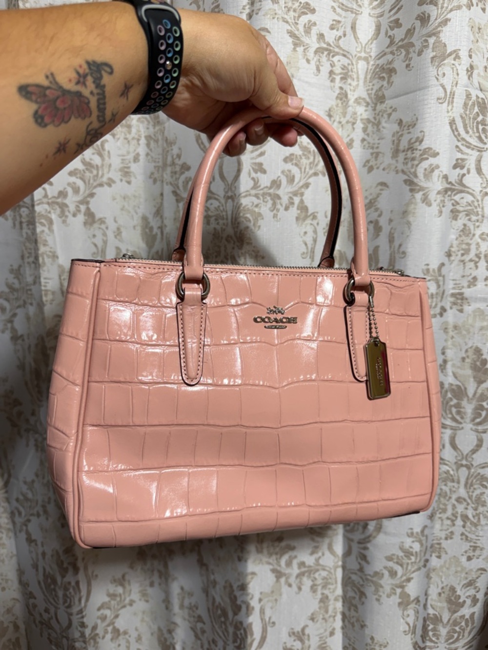 Coach Pink Croc-Embossed Patent Leather Satchel